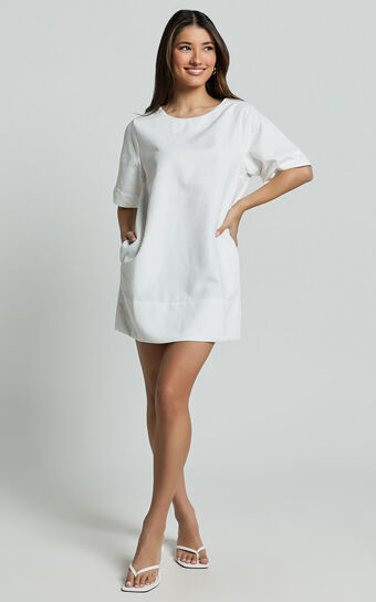 Shannon Mini Dress - Texture Tie Back Shift Dress in White