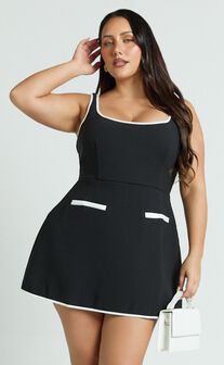 Pauline Mini Dress - Contrast Square Neck Fit and Flare Dress in Black