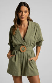 Thaisa Playsuit - Short Sleeve Collared Belted Playsuit in Khaki ...