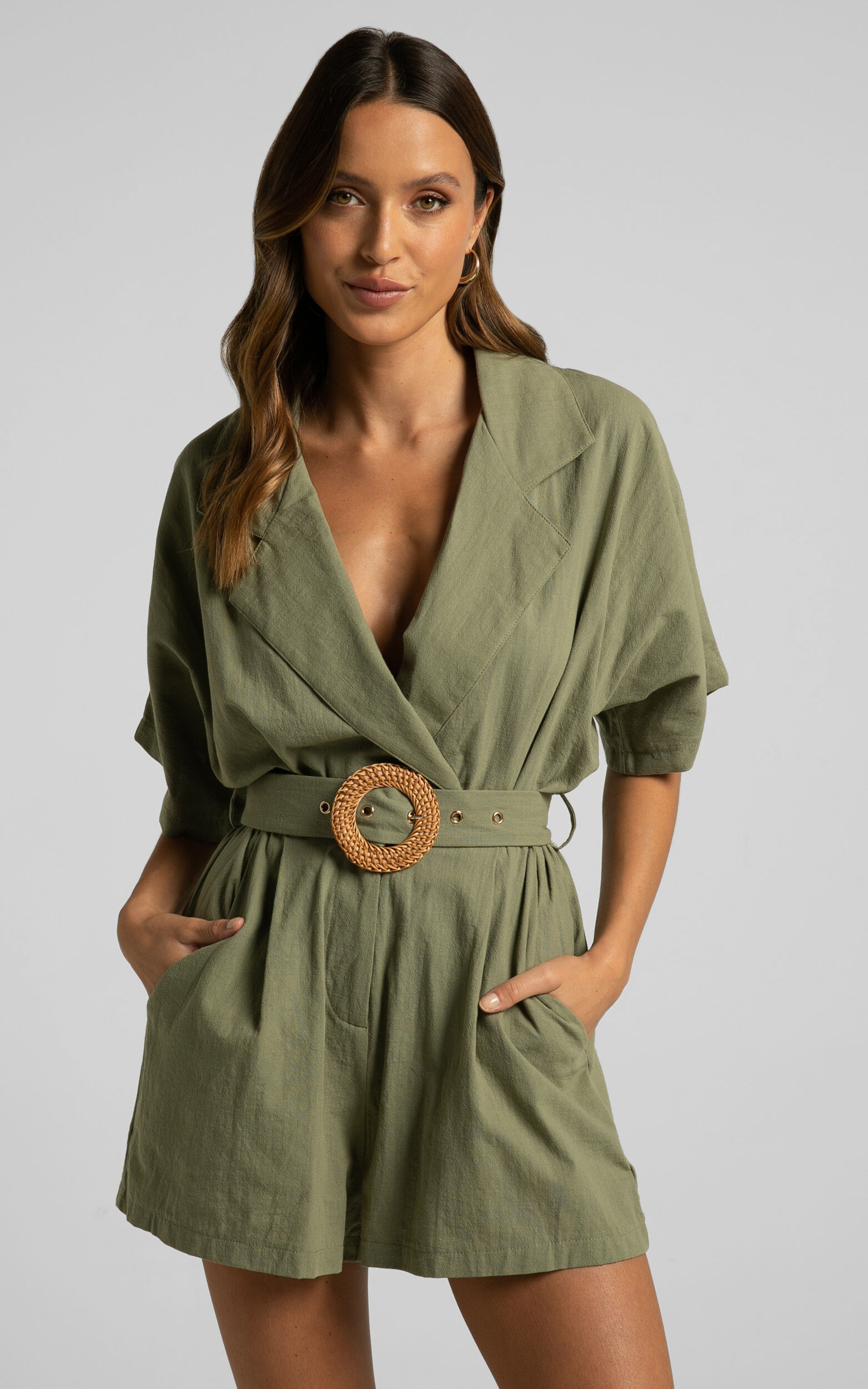 Thaisa Playsuit - Short Sleeve Collared Belted Playsuit in Khaki - 04, GRN4