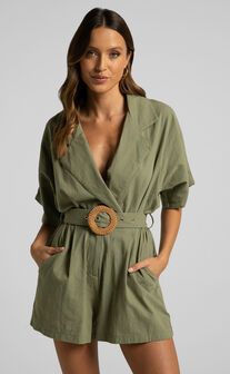 Thaisa Playsuit - Short Sleeve Collared Belted Playsuit in Khaki