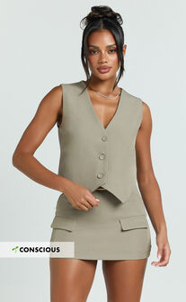 Melinda Top- Recycled Tailored Button Through Vest Top in Light Olive