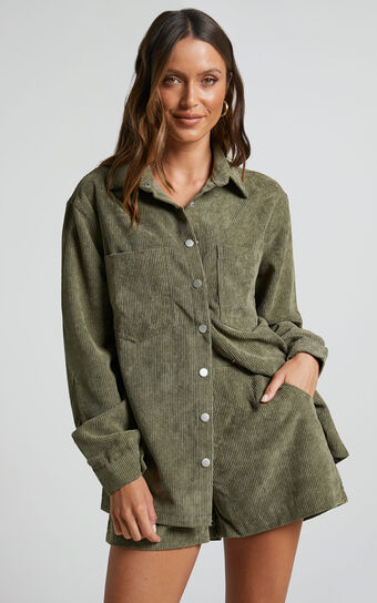 Hillevi Shacket - Corduroy Shacket in Olive