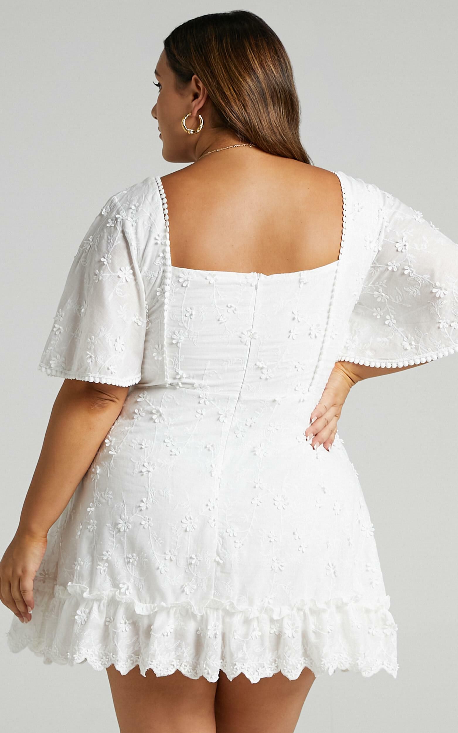 Fancy A Spritz Mini Dress - Square Neck Dress in White Embroidery