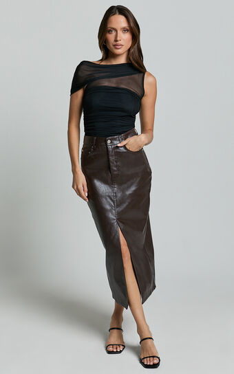 Jules Midi Skirt - Faux Leather High Waisted Front Split Midi Skirt in Chocolate Showpo
