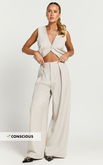 Melinda Pants - Recycled Tailored High Waisted Pleated Wide Leg Pants in Stone