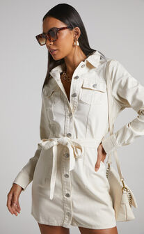 Enriquetta Mini Dress - Cotton Denim Long Sleeve Button Up Dress in Ecru