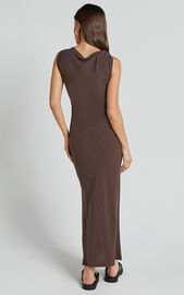 Jessenia Maxi Dress - Linen Look High Neck Dress in Chocolate | Showpo USA