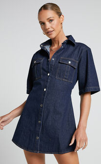 Leilani Mini Dress - Denim Short Sleeve Button Up Dress in Indigo Denim