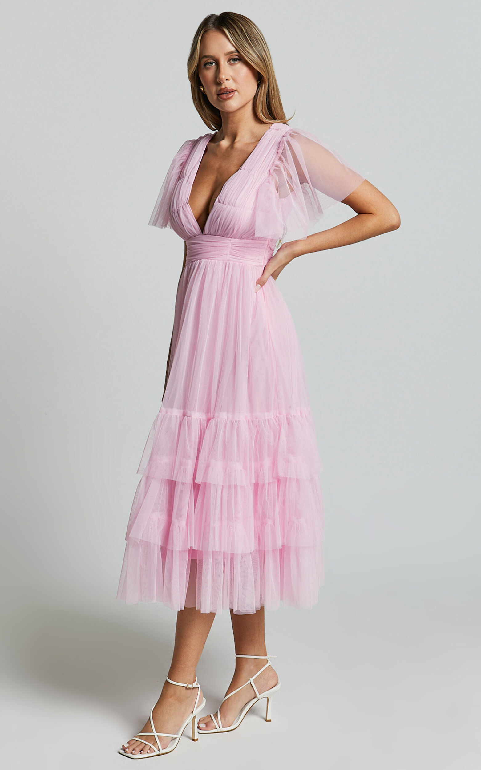 Pink flutter sleeve dress cheap