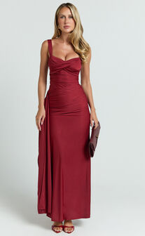 Roxanne Maxi Dress - Sweetheart Neck Gathered Bodycon Dress in Red