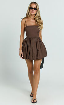 Kimberly Mini Dress - Square Neck Bubble Hem Dress in Chocolate
