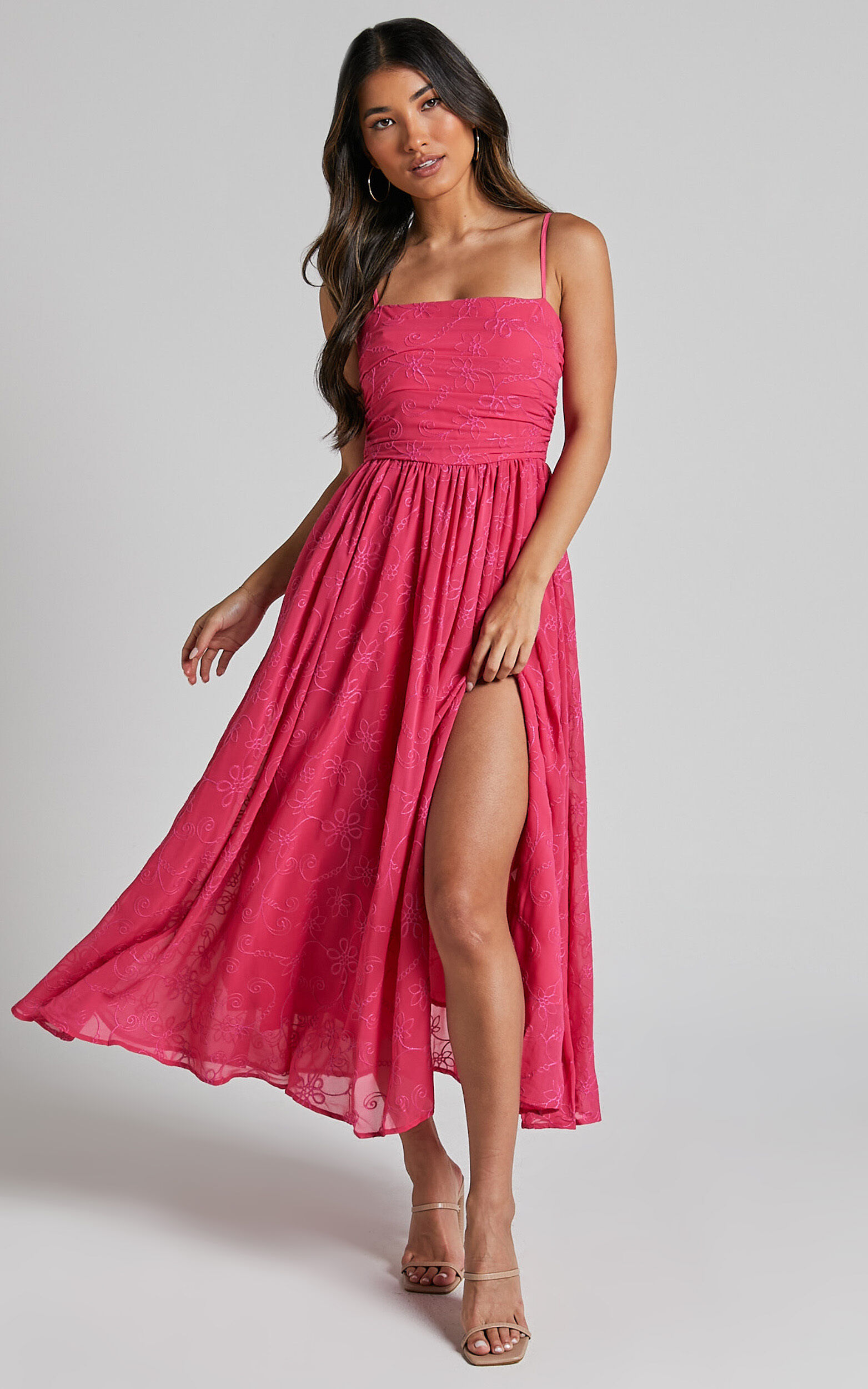 Adina Midi Dress Embroidered Strappy Straight Neck Ruched Bodice Dress in Pink Showpo USA