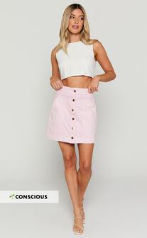 Aeza Mini Skirt - Button Fly Denim Skirt in Pink