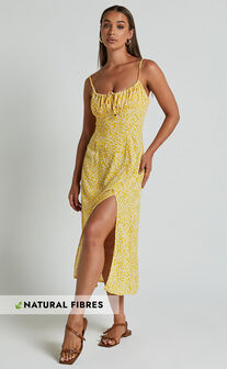 Willa Midi Dress - Ruched Bust Thigh Split Dress in Yellow Floral
