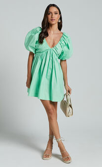 Vashti Mini Dress - Puff Sleeve Sweetheart Dress in Green
