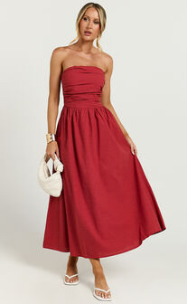 Polly Midi Dress - Strapless Ruched Dress in Red