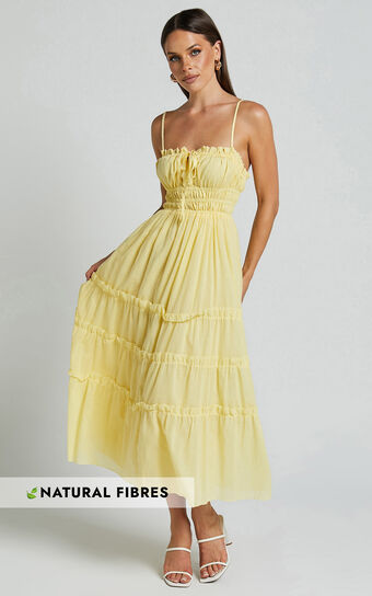 Schiffer Midi Dress - Strappy Ruched Tie Front Tiered Dress in Yellow