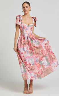 Meagan Midi Dress - Tie Shoulder Gathered Skirt Dress in Floral Mosaic Print