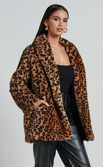Jocelyn Coat - Faux Fur Animal Print Coat in Leopard
