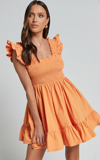 Brynlee Mini Dress - Elastic Chest Flutter Sleeve Hem Dress in Mandarin