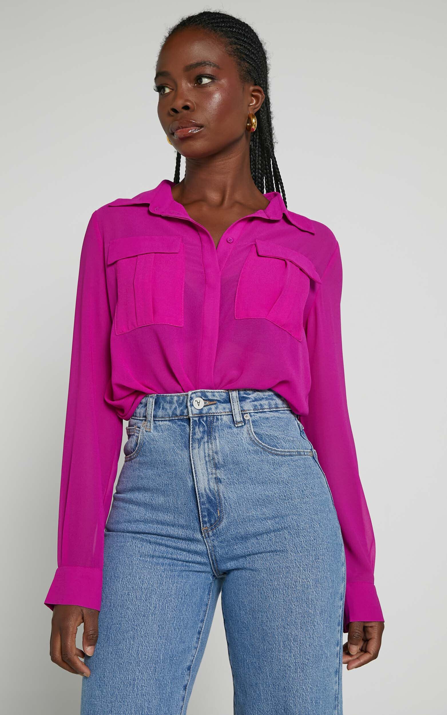 Hot pink women's long sleeve shirt cheap