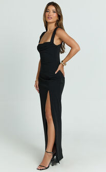 Donna Maxi Dress - Cowl Neck Column High Split Dress in Black