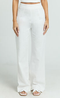 Narcisa Pants - Linen Look High Waist Bootleg Pants in White
