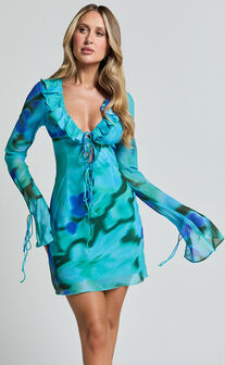 Alesya Mini Dress - Ruffle Plunge Neck Long Sleeve Tie Detail Dress in Blue Floral Print