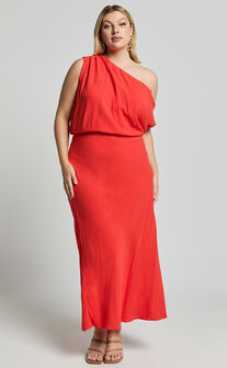 Jacqueline Midi Dress - Linen Look One Shoulder Dress in Sunset