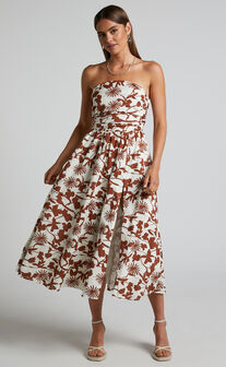 Evita Midi Dress - Ruched High Split Strapless Dress in Multi