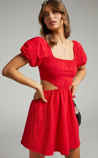 Loriella Waist Cut Out Skater Skirt Dress in Red