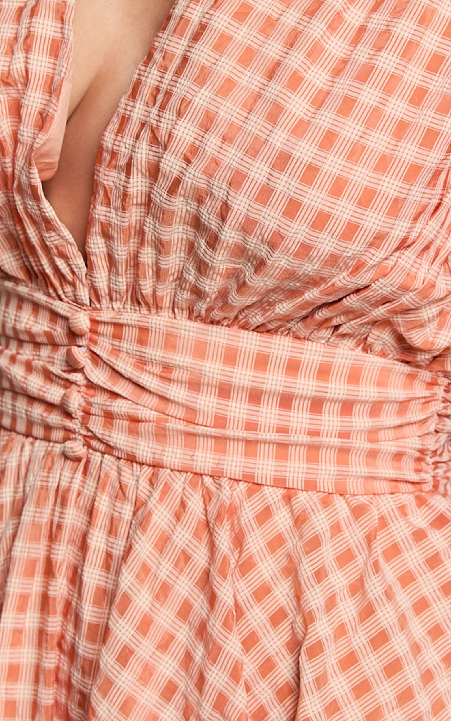 Xandy Mini Dress - Textured Puff Sleeve Plunge Dress in Peach | Showpo USA