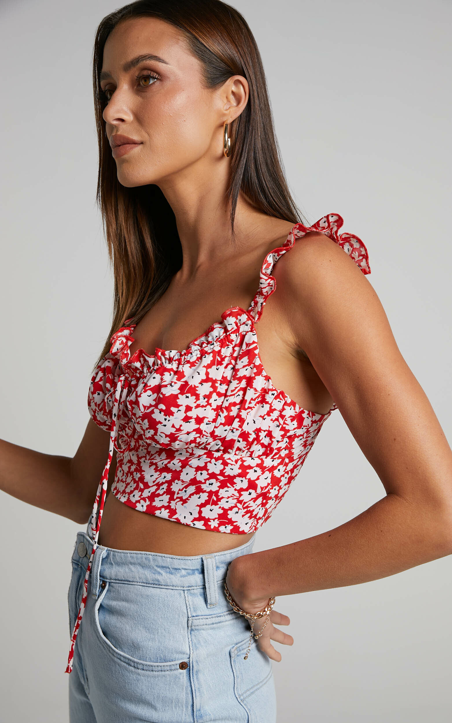 Rosario Top - Ruffle Strap Ruched Bust Top in Red Ditsy
