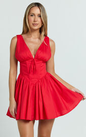 Madeline Mini Dress - V Neck Corset Waist Gathered Full Skirt Dress in ...