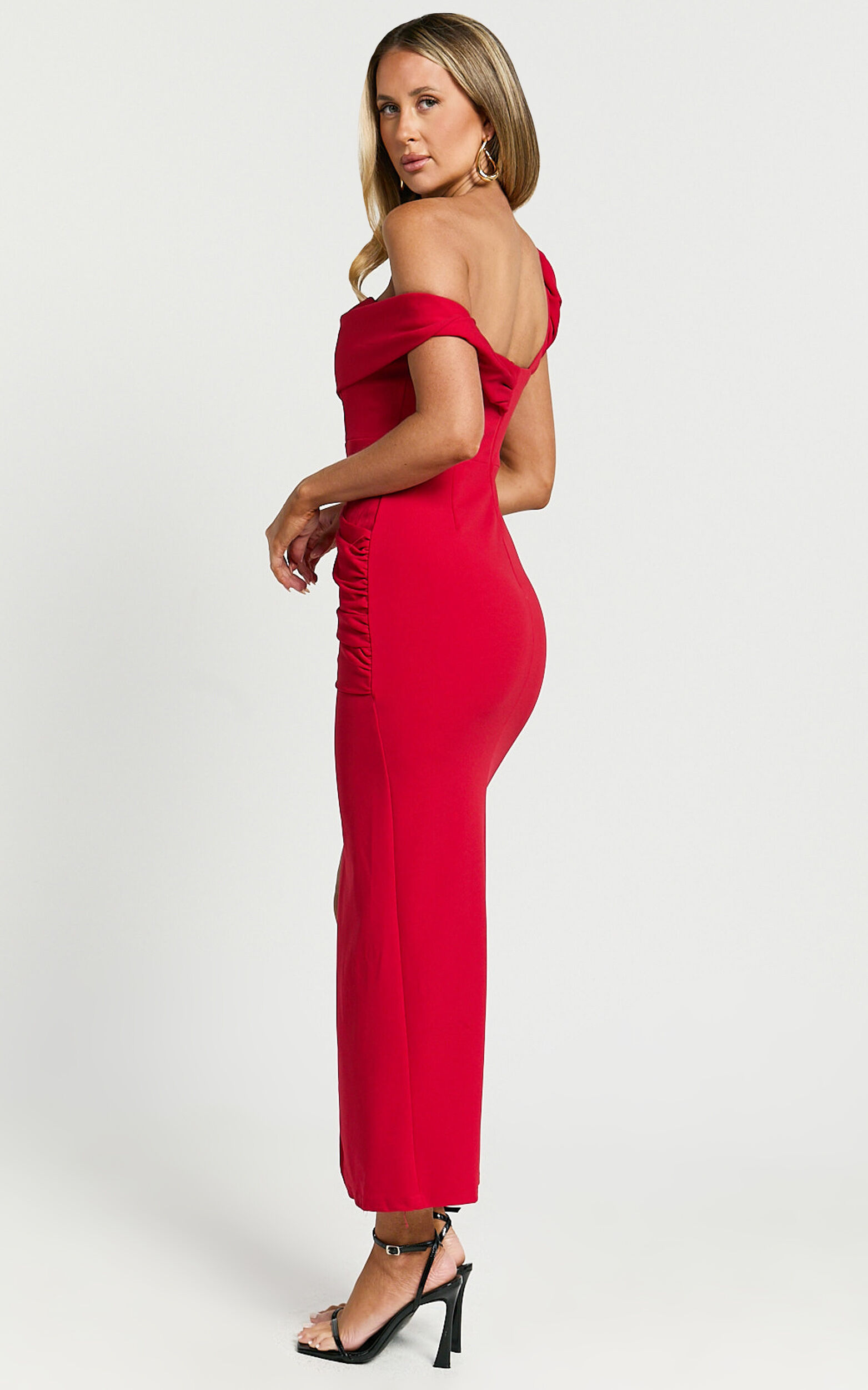 Red ruched off the shoulder dress top