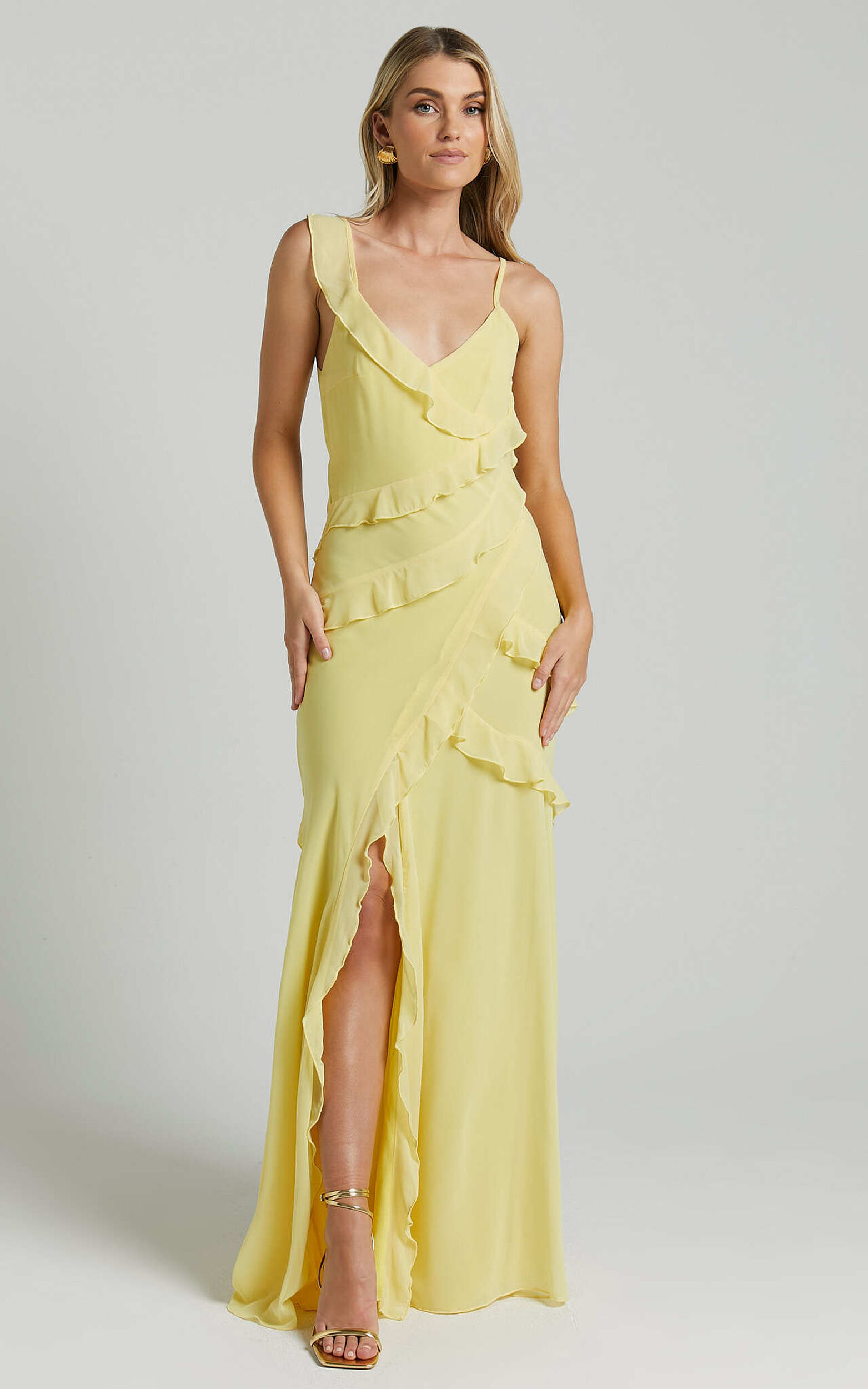 Nitha Maxi Dress - Asymmetrical Frill Thigh Split Dress in Lemon | Showpo