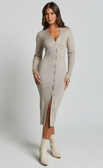 Leahanna Midi Dress - Button Front Knit Dress in Taupe