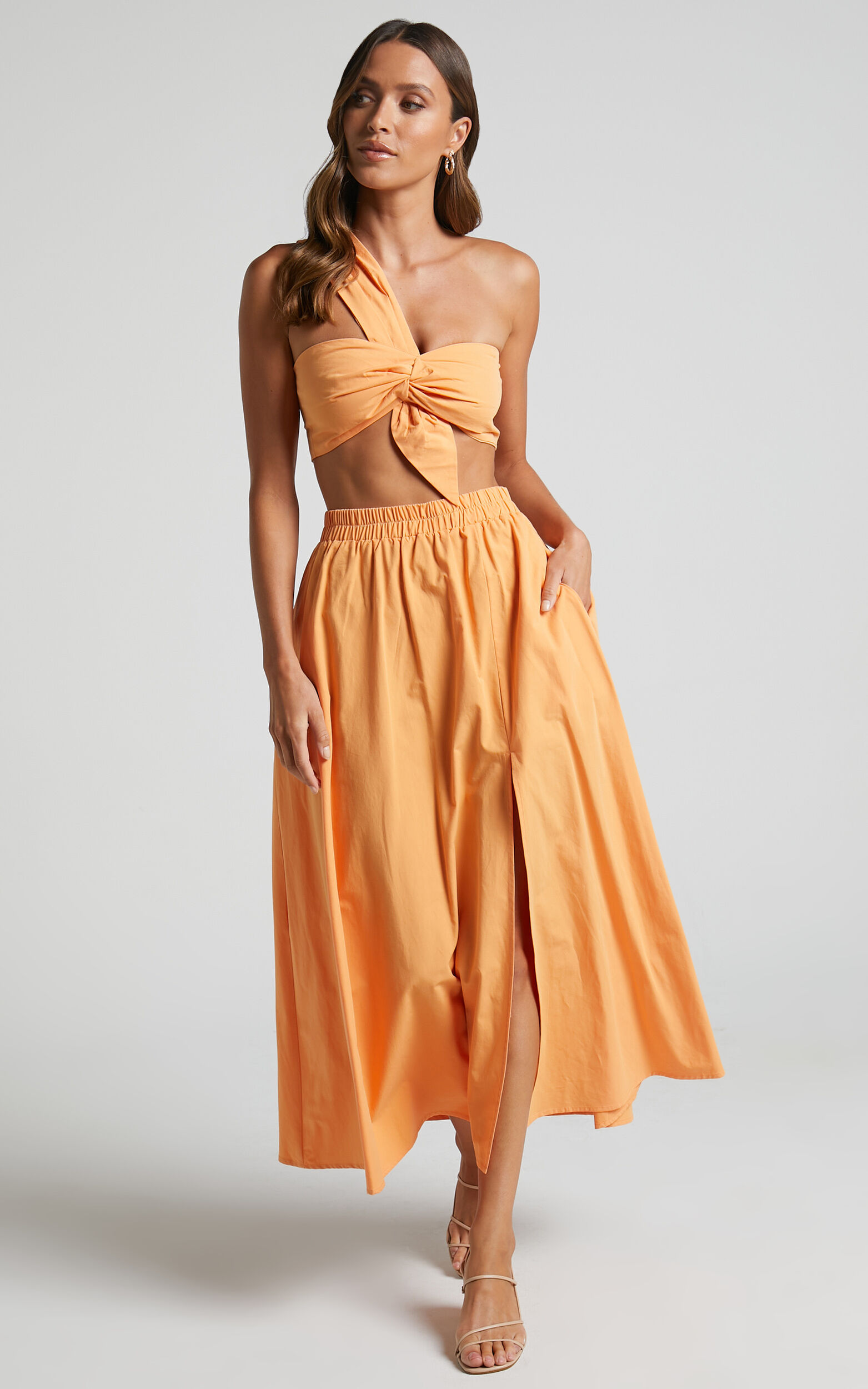 Sula Two Piece Set - One Shoulder Bralette Crop Top and Midi Skirt Set in Sherbet Orange - 04, ORG2