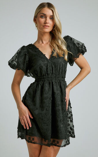 Marciana Mini Dress - V Neck Puff Sleeve With Lace Dress in Black