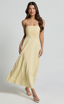 Barbra Midi Dress - Strapless Ruched Bodice Dress in Lemon