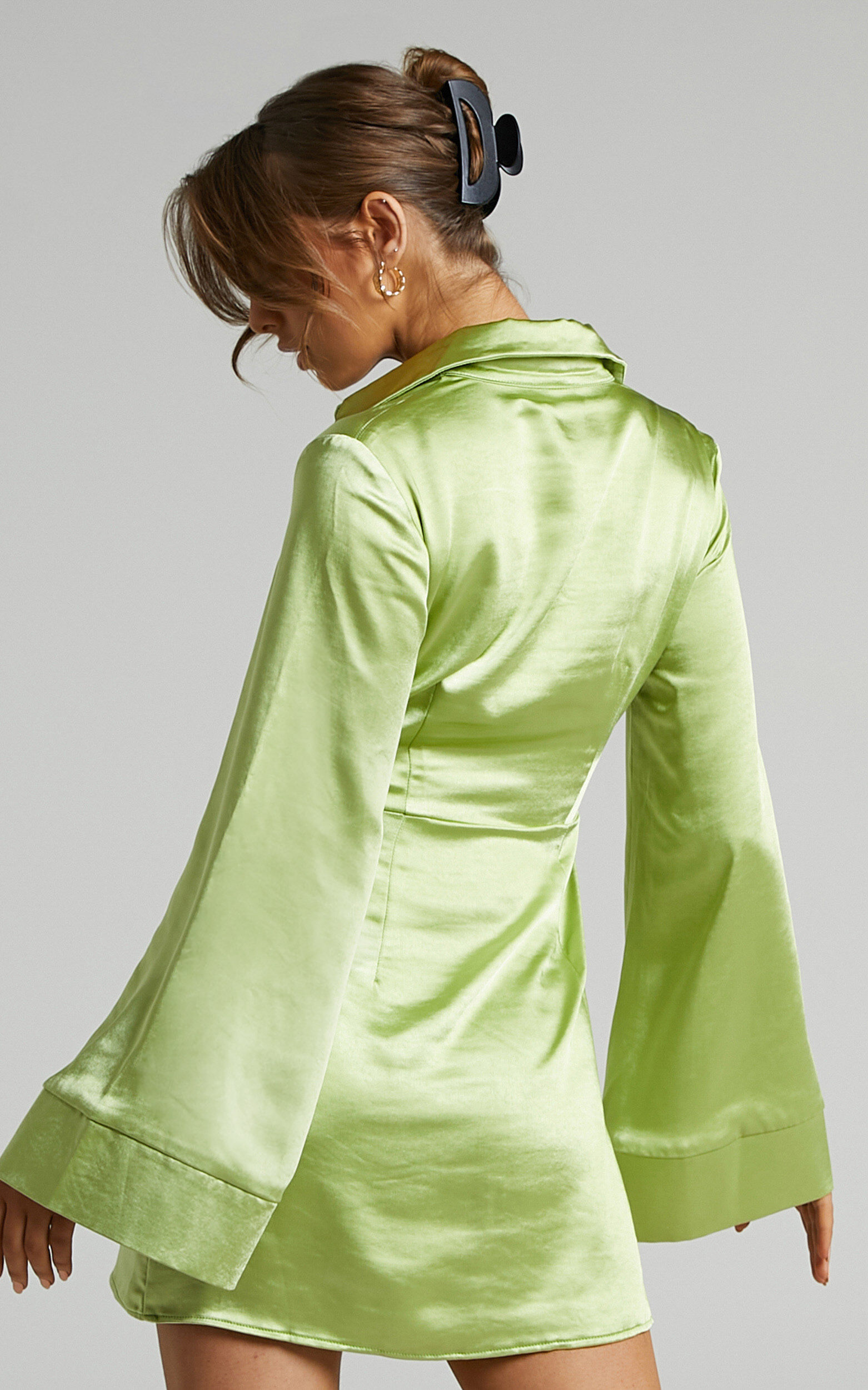 Hadid Mini Dress Button Down Waist Tie Shirt Dress in Green Showpo EU