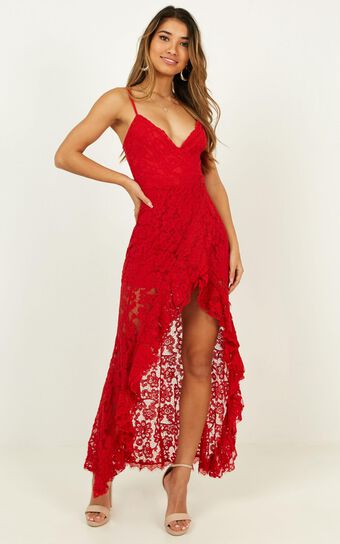 Walk Right Past Maxi Dress In Red Lace