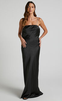 Arichie Maxi Dress - Cowl Back Diamante Strap Satin Dress in Black