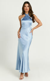 Rhianne Midi Dress - Twist Halter Neck Open Back Satin Dress in Light ...