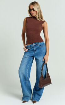 Aveline Top - Sleeveless Roll Neck Knitted Top in Chocolate