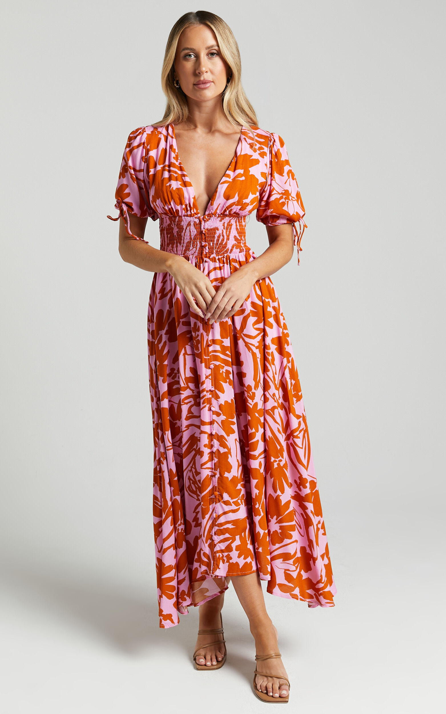 Gweeny Midi Dress - V Neck Tie Short Sleeve Dress in Rust Floral - 06, BRN1
