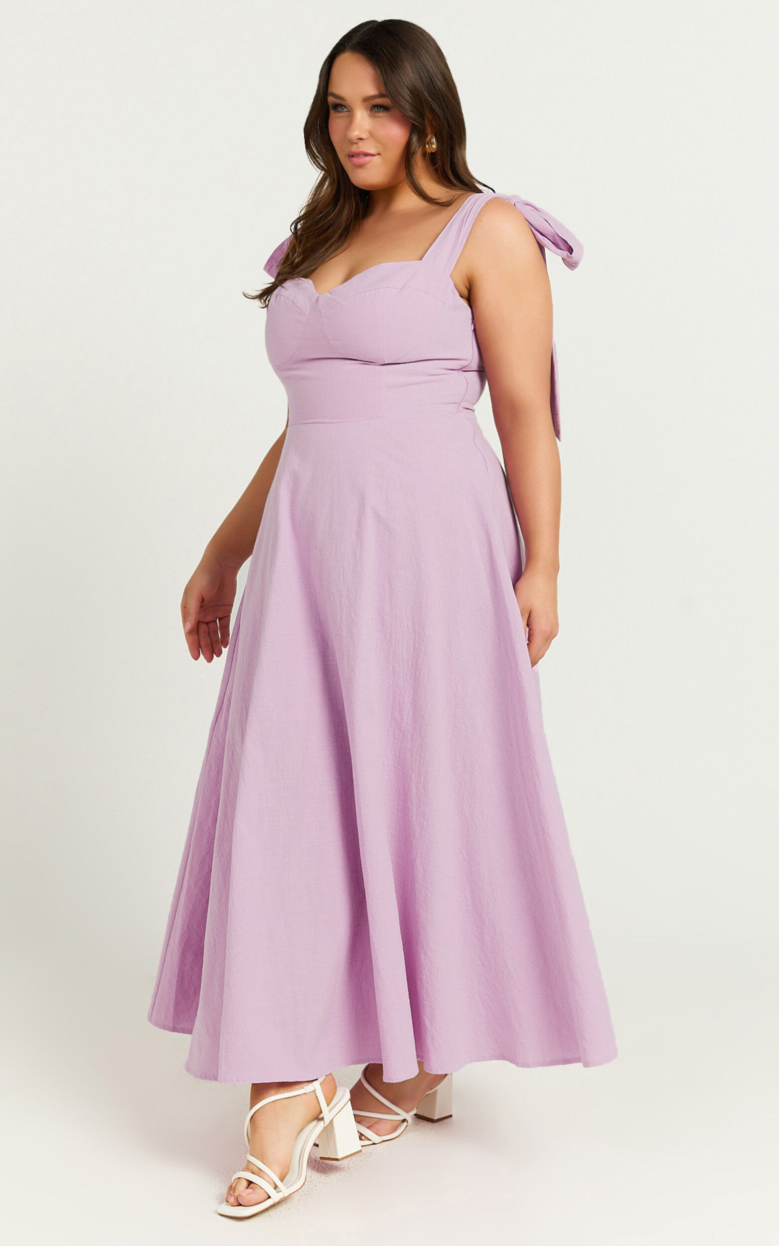 Tymia Midi Dress - Shoulder Tie Bustier Shirred Back A Line in Lavender ...