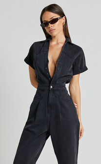 Jordyn Jumpsuit - Short Sleeve Collared Button Through Denim Jumpsuit in Black Wash