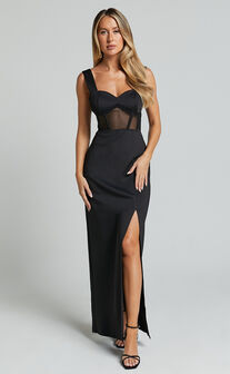 Perrie Midi Dress - Mesh Corset Dress in Black